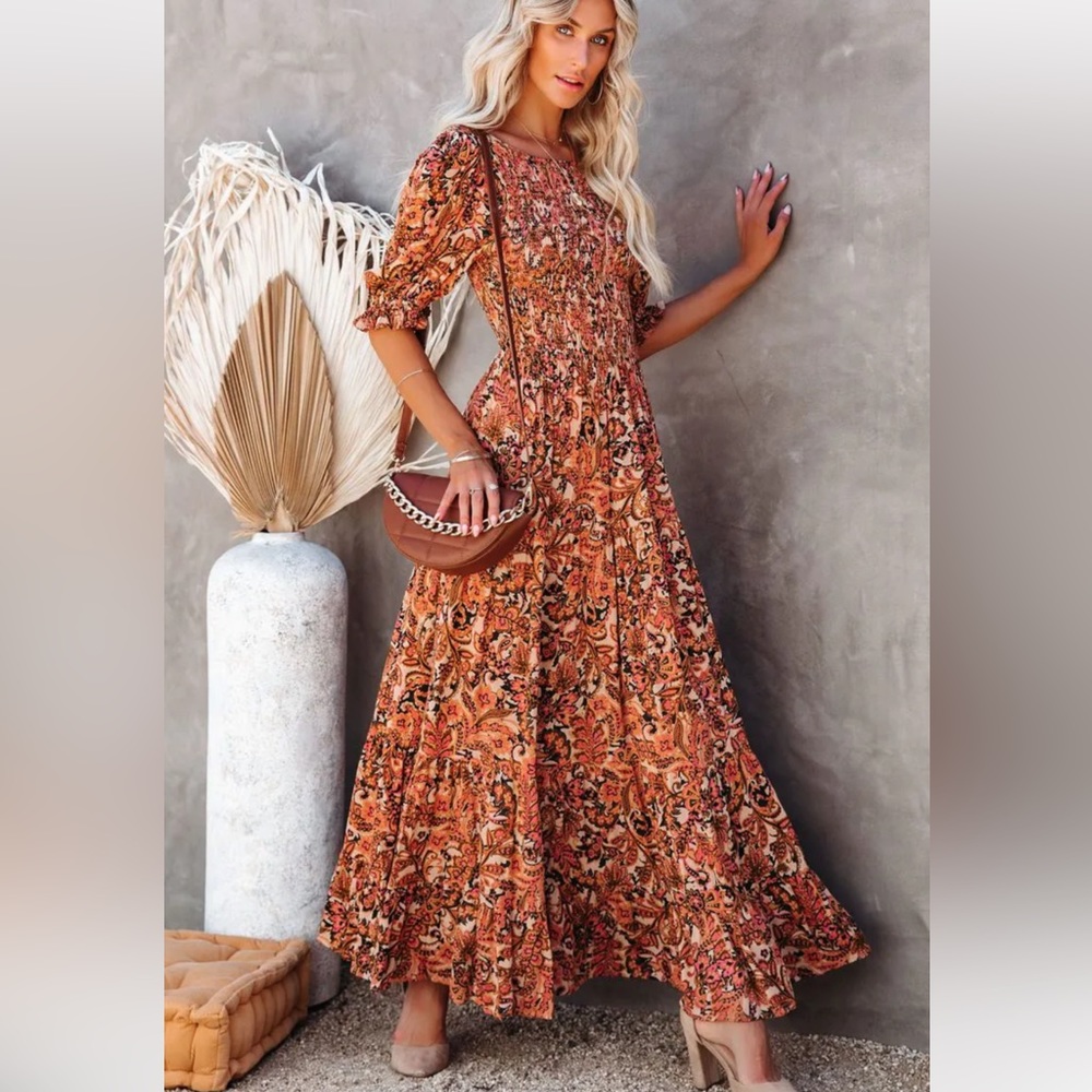 Vici Floral Maxi Dress in Orange and Brown